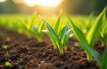 Fresh corn sprouts thrive on sustainable agricultural farm at sunrise. Young green shoots emerge from rich soil, growth, organic farming practices. Plantation represents healthy ecosystem, abundance