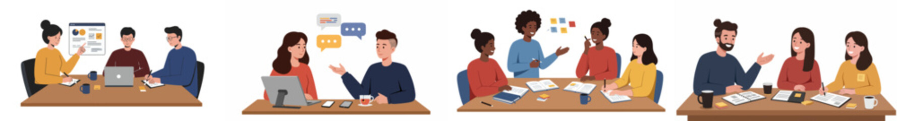 Fototapeta premium Illustration of collaborative work dynamics in a modern office setting with five distinct scenes