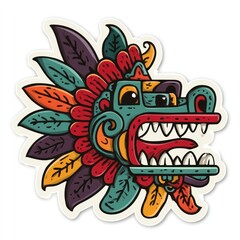 Vibrant Aztec-inspired mask sticker design in teal, red, and gold