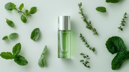Refillable Cosmetic Bottles Flatlay with Green Liquid and Mint Leaves
