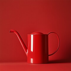 Vibrant red plastic watering can stands against monochromatic deep red background. Gardening supplies, cultivation, care, growth, eco ads, gardening blogs, product posters.