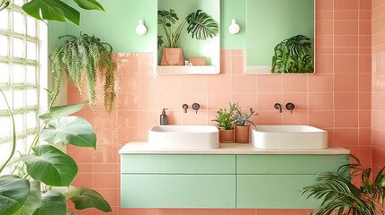 Modern pastel bathroom with coral and green accents featuring a double sink and lush plants