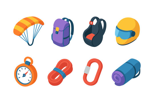 Adventure gear icons: vibrant isometric set for outdoor enthusiasts