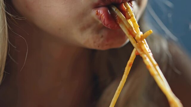 close up of woman mouth eating delicious spaghetti
