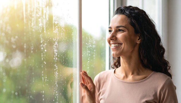 Woman smiling, looking out rainy window