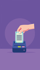 Hand pulling a printed digital ticket from a small portable printer, purple and lime minimalistic background, concept of event management and ticketing services.