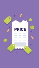Flat vector illustration of a torn airplane ticket with lime price tags floating around on a purple background, travel booking and pricing concept.