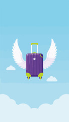 Vibrant purple suitcase with wings flying against a clear blue sky, representing travel and adventure concepts.