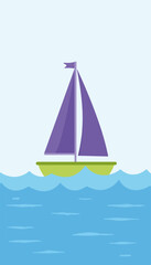 Flat vector sailboat sailing on gentle waves, minimalistic water background, vibrant colors, concept of marine design and travel, graphic design, tourism
