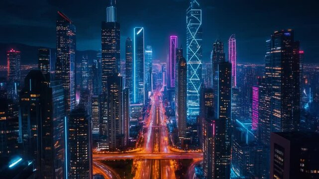 夜空の下に広がる未来都市を俯瞰したネオンの光が輝く風景、光る高層ビルと車の軌跡が幻想的な映像的背景

