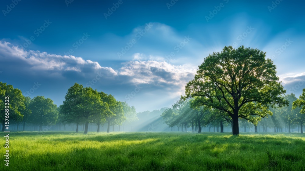 Wall mural large tree is in the middle of a field of grass. the sky is blue and there are clouds in the backgro