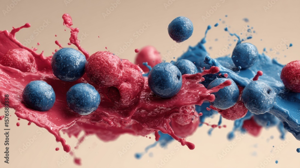 Poster artistic paint splash forms vibrant berries in dynamic composition with an open top layout