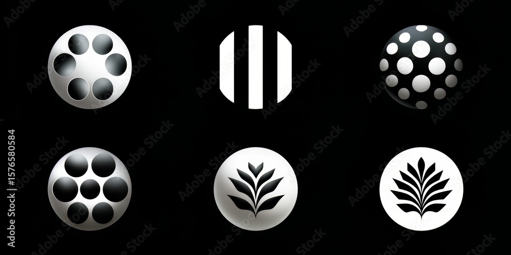 Fototapete set of six black and white circles with different shapes and patterns. the circles are all different