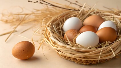 brown and white chicken eggs in a nest