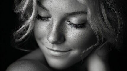 Fototapeta premium Woman with blonde hair and a smile on her face. She has a light skin tone and her eyes are closed