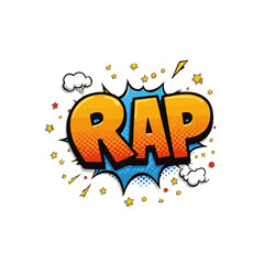 Playful pop art style "RAP" text burst with bold colors and dynamic shapes, isolated on white, concept of vibrant music promotion
