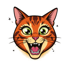 Vibrant pop art style illustration of a cat face expressing joy and excitement, isolated on white, concept of pet care and animal art.