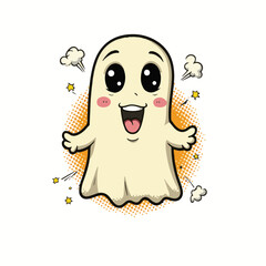 Cheerful cartoon ghost with a big smile, pop art style, isolated on white background, representing fun and playfulness, concept of Halloween decorations and party supplies.