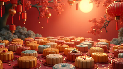 a vibrant and exaggerated a mid-autumn festival celebration, set against a lush background filled with an assortment of intricately designed moon cakes in various shapes and sizes. 