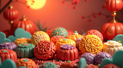 a vibrant and exaggerated a mid-autumn festival celebration, set against a lush background filled with an assortment of intricately designed moon cakes in various shapes and sizes. 