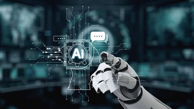 A robotic hand reaches toward a high-tech digital interface, symbolizing the integration of AI technology in modern environments, highlighting innovation and interaction. Auvana