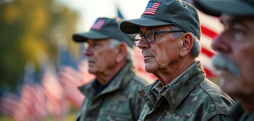 Group of senior veterans in military jackets, caps stand solemnly at memorial event. American flags wave gently in blurred background, signifying national pride, remembrance. Veterans show profound