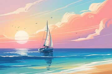 Naklejka premium Serene Sunset Sailboat A Peaceful Ocean Escape at Golden Hour