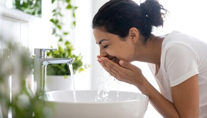 Woman washing her face in a bathroom sink (1)
