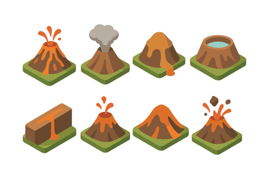 Isometric volcanic eruption icons set for educational and geographical design