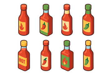 Assorted hot sauce bottles in colorful isometric design