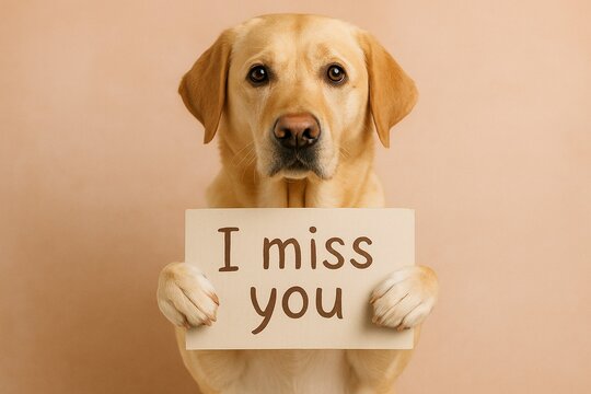 A golden retriever with a touching expression holds a sign that says “I miss you”. Ideal for sympathy cards, social posts, and emotional designs. - Powered by Adobe