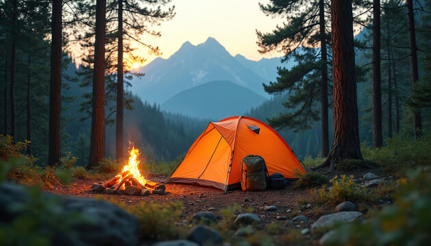 Orange camping tent pitched in forest with crackling campfire, backpack nearby. Majestic mountains rise in background under soft sky, creating serene wilderness scene perfect for outdoor adventures,