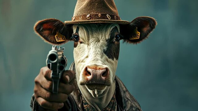 Cowboy Cow: An anthropomorphic cow, with a rugged cowboy hat and a serious expression, pointing a revolver at the viewer, captured in a creative, attention-grabbing shot.