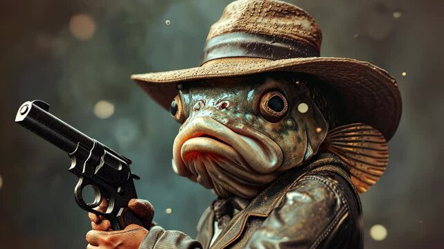 Fish in Disguise: A bizarre image, a fish depicted as a detective, shrouded in an air of mystery and intrigue, clad in a classic hat and a vintage weapon.