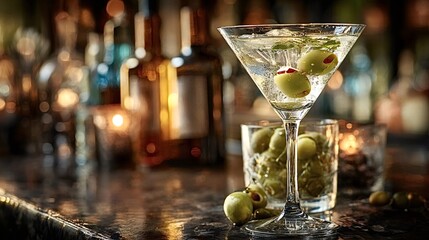 Sophisticated martini glass filled with a classic cocktail, garnished with green olives, sits on a polished bar counter, surrounded by ambient lighting and blurred bottles in the background