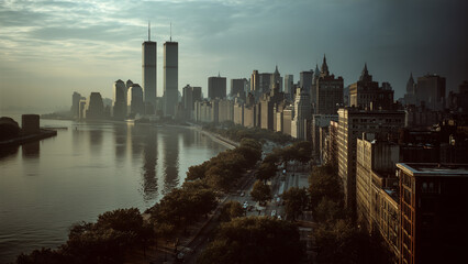1984 New York Skyline with Twin Towers in Film Style