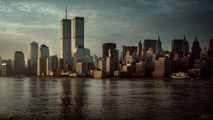 1984 New York Skyline with Twin Towers in Film Style