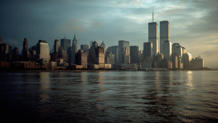 1984 New York Skyline with Twin Towers in Film Style