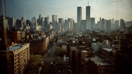 1984 New York Skyline with Twin Towers in Film Style