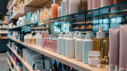 Shelves filled with various skincare products, including bottles and jars of different shapes and sizes, showcasing a vibrant array of colors and textures in a modern retail environment