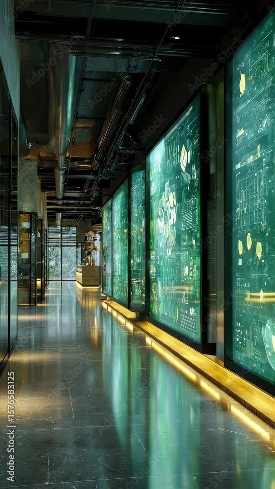 Poster digital data streams flowing dynamically across transparent displays within sleek technological corr