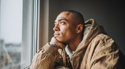 A pensive man looks out a window