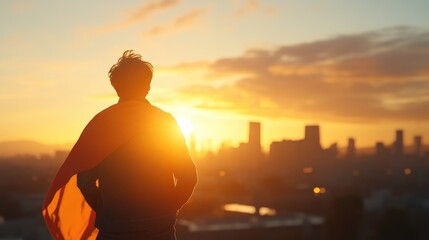 Silhouette person looking at sunrise over city