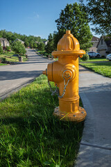 Bright yellow fire hydrant on a suburban street in the USA