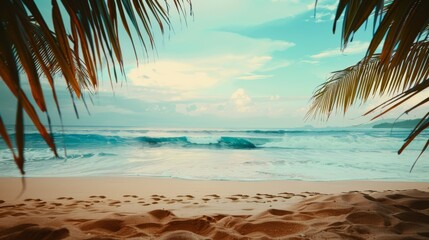 Fototapeta premium Serene beach scene with gentle waves lapping at the shore, framed by lush palm leaves, creating a tranquil atmosphere for relaxation and escape from daily life