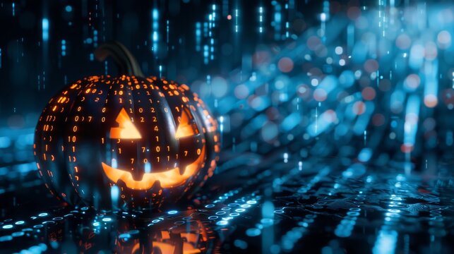 Futuristic Halloween pumpkin with glowing binary code on a digital surface. Blue and orange light effects create a cyberpunk ambiance