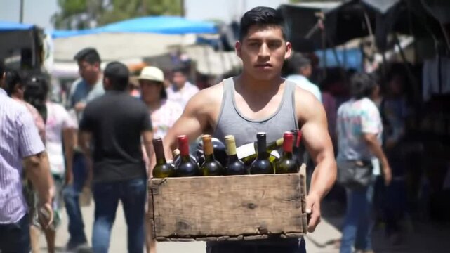 Man in tank top carries wooden crate filled with wine bottles through a bustling outdoor marketplace scene