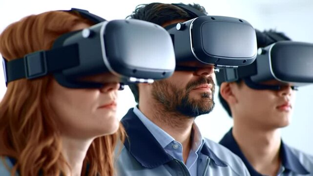 Group of diverse people wearing vr headsets standing in a row in a bright white studio setting