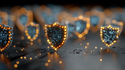 Digital shields illuminate a futuristic circuit board, symbolizing robust cybersecurity and data protection.