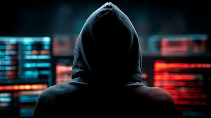 An anonymous hacker sits before multiple glowing screens, deeply immersed in the digital world.